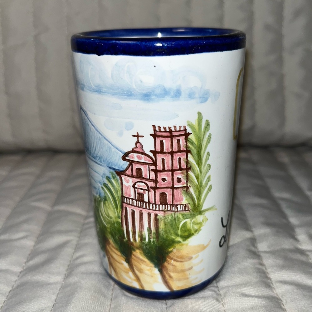 Italian pottery 4.5 in vase Utensil pencil toothbrush holder Hand painted Signed